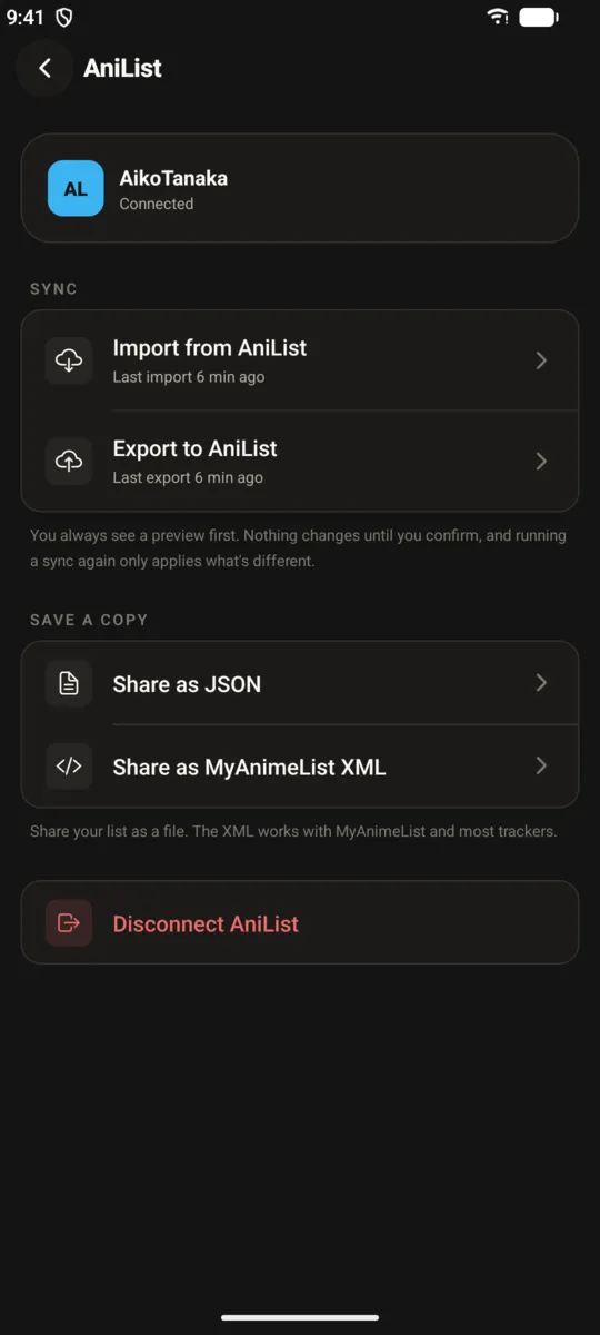 AniList connection screen