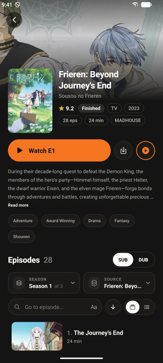 Anime details screen with synopsis and episode list