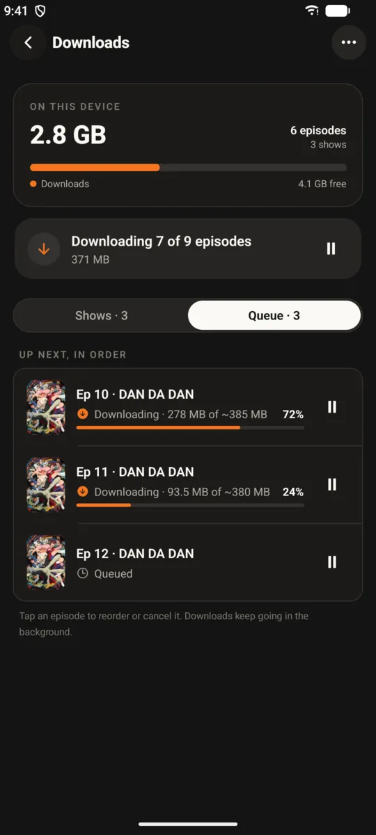 Downloads screen listing saved episodes