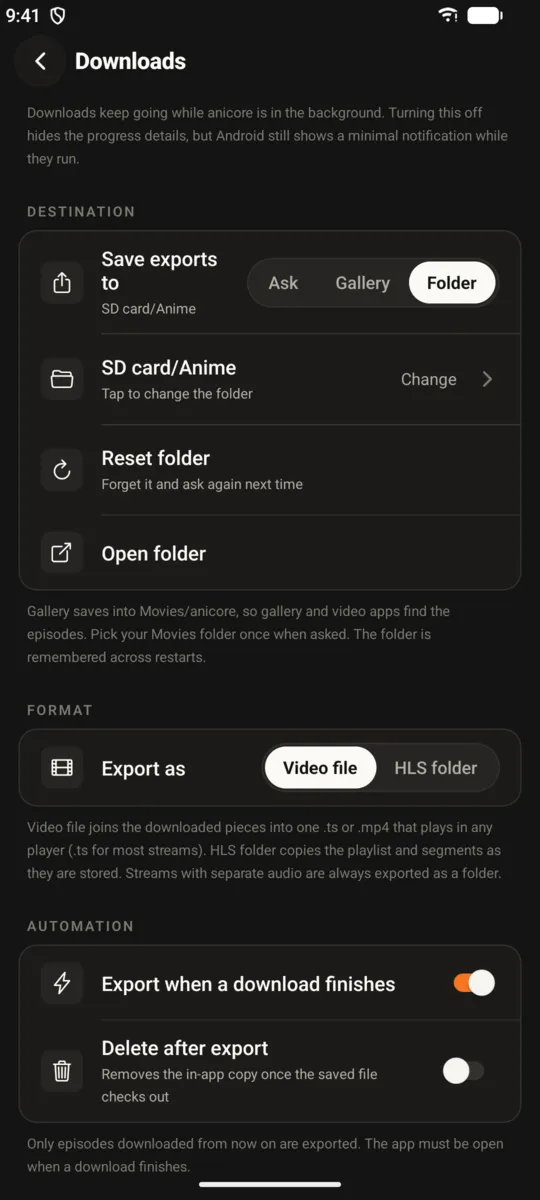 Export dialog for moving episodes to external storage