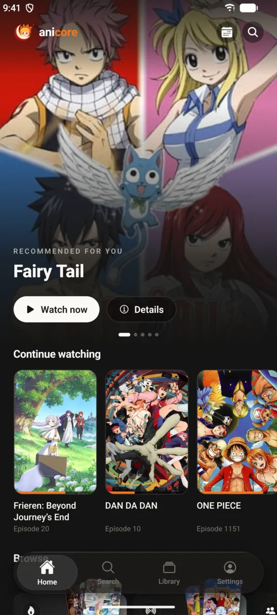 anicore home screen with Fairy Tail featured and a Continue watching row