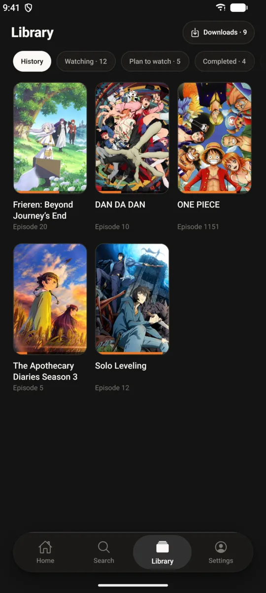 Library screen with watching and planned lists