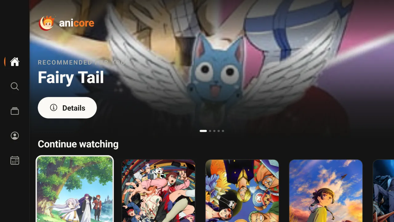 anicore on Android TV: home screen with side navigation